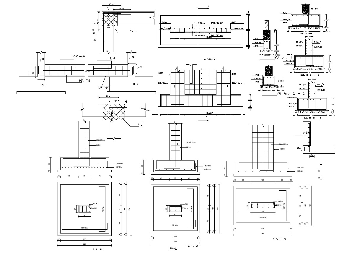 Structural Column Foundation Design With Bars AutoCAD Drawing - Cadbull