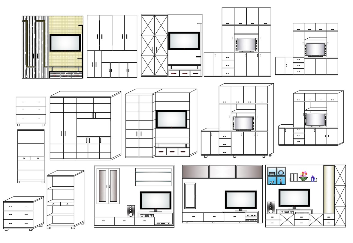 TV Showcase Furniture Elevation CAD Drawing Cadbull