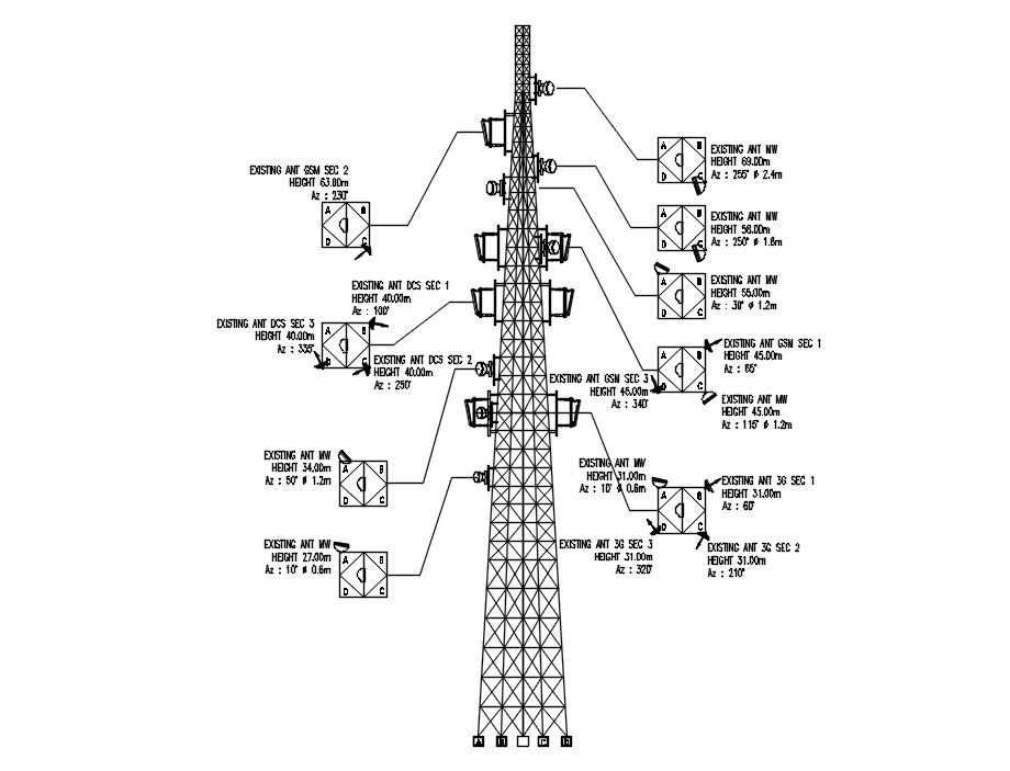 Telecommunication Tower  Elevation CAD Drawing Cadbull