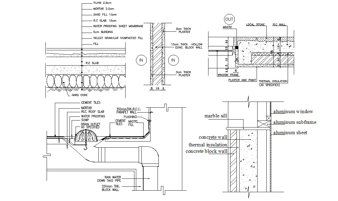 Terrace Rain Water Pipe Section With Slab Insulation Design - Cadbull