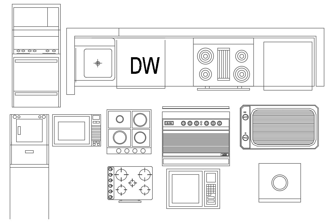 The drawing AutoCAD 2D file of the micro oven and electric stove block 