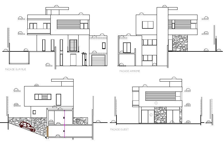 Three level modern  house  elevation  and section details dwg 