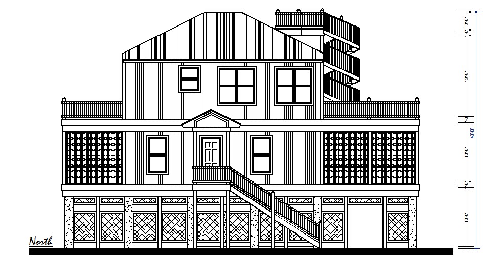 Three story residential house front elevation autocad drawing Cadbull
