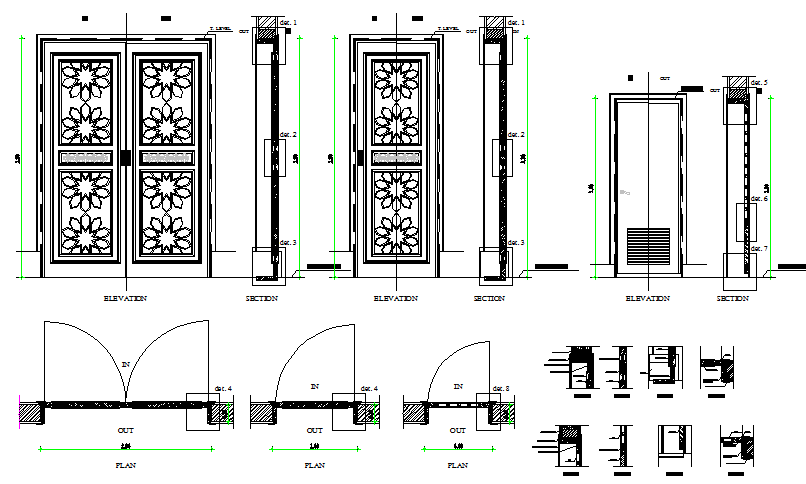 Traditional double and single door installation details dwg file - Cadbull