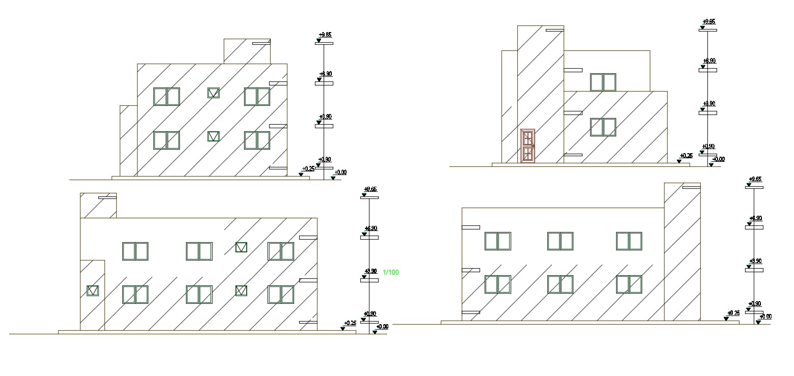 Two Story Residential Building Simple Elevation Design - Cadbull