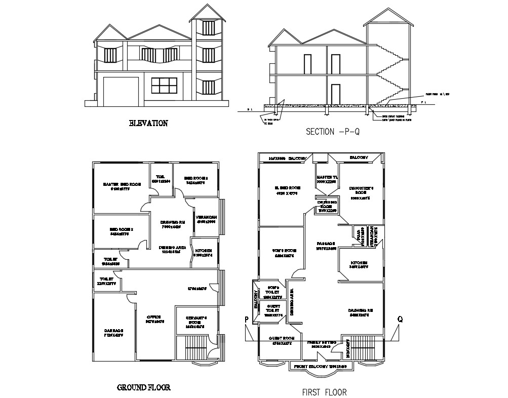 two-level-house-elevation-section-ground-and-first-floor-plan-details-dwg-file-cadbull