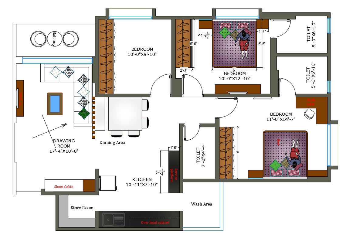 Typical Furnished 3 BHK Apartment Design Layout Architecture Plan Cadbull