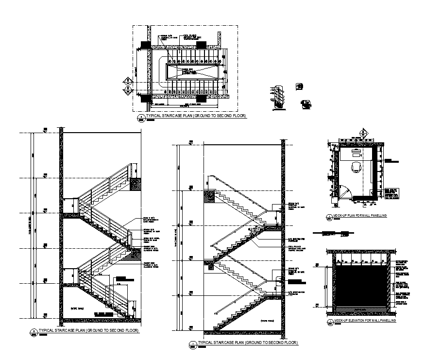 Typical staircase plan and elevation 2d view layout file - Cadbull