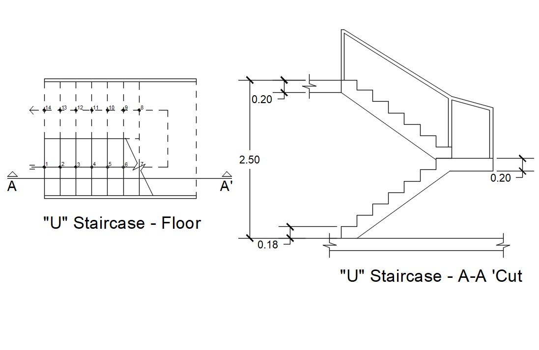 U Staircase Floor And Section Drawing Free DWG File - Cadbull