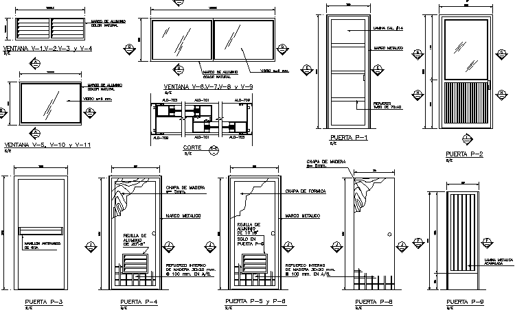 Wooden doors and aluminum windows installation details dwg file - Cadbull