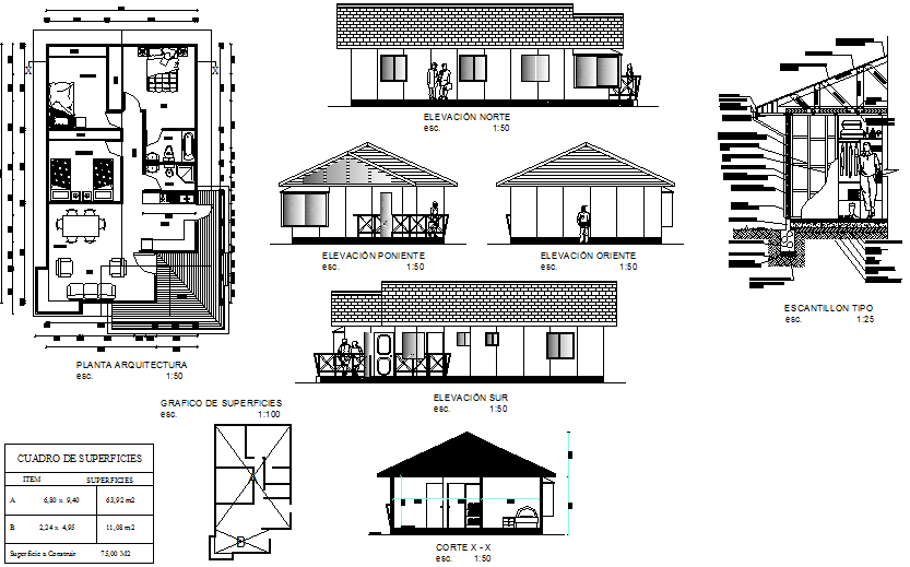 Wooden house  plan  elevation  and section detail dwg  file  