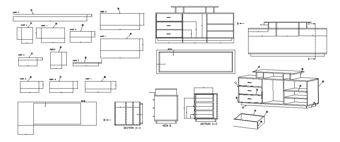 Wooden television cabinet elevation, plan and auto-cad 