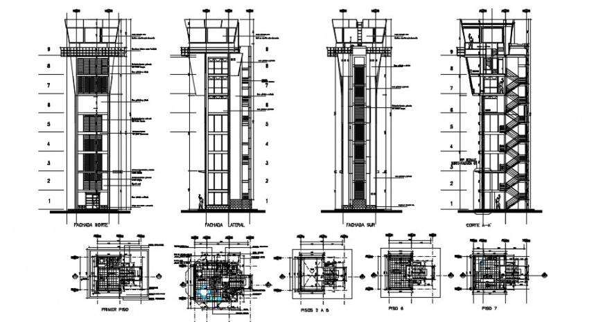 Air-traffic control tower building elevation, section and floor plan ...