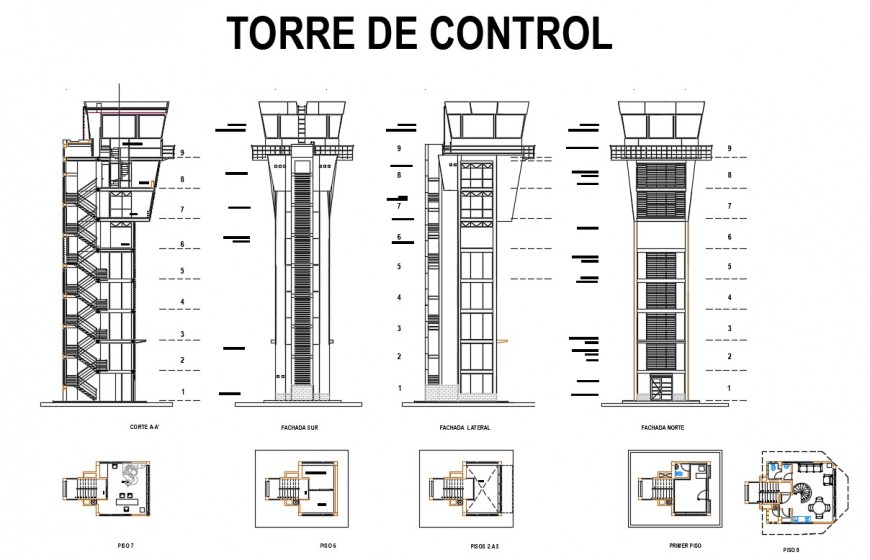 Airport control tower elevation, section, plan and auto-cad details dwg ...