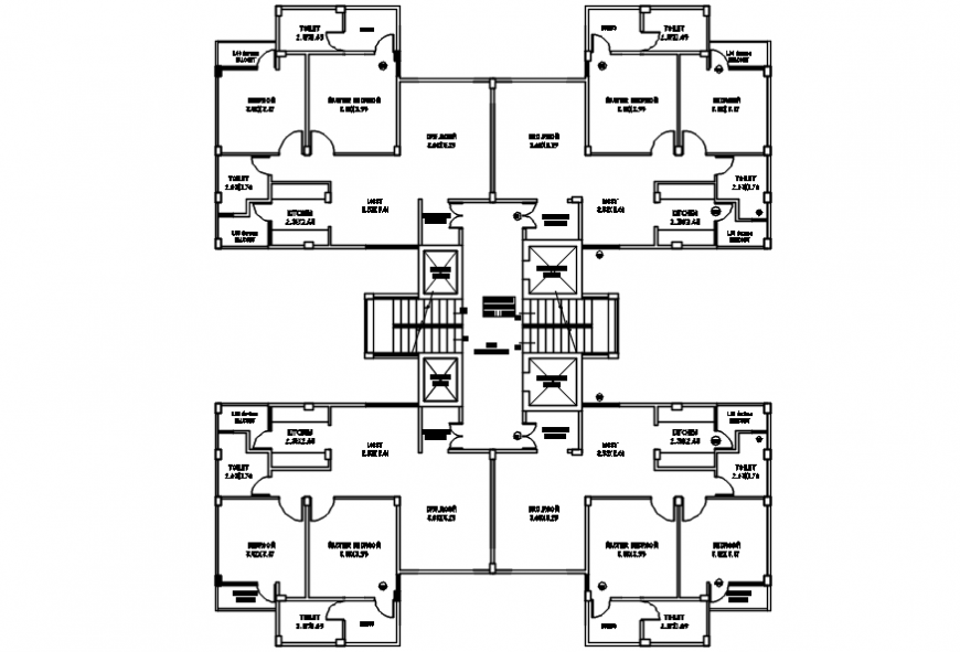 Autocad Drawing Of 2bhk Housing Flats Ground Floor Plan Of 4 Unit Clusters Cadbull