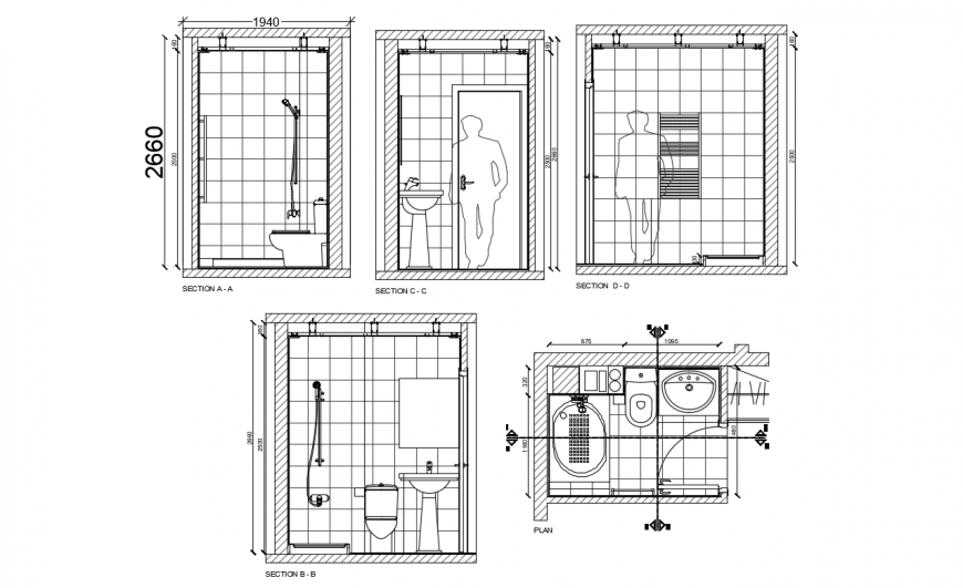 Bathroom all side section with installation cad drawing details dwg