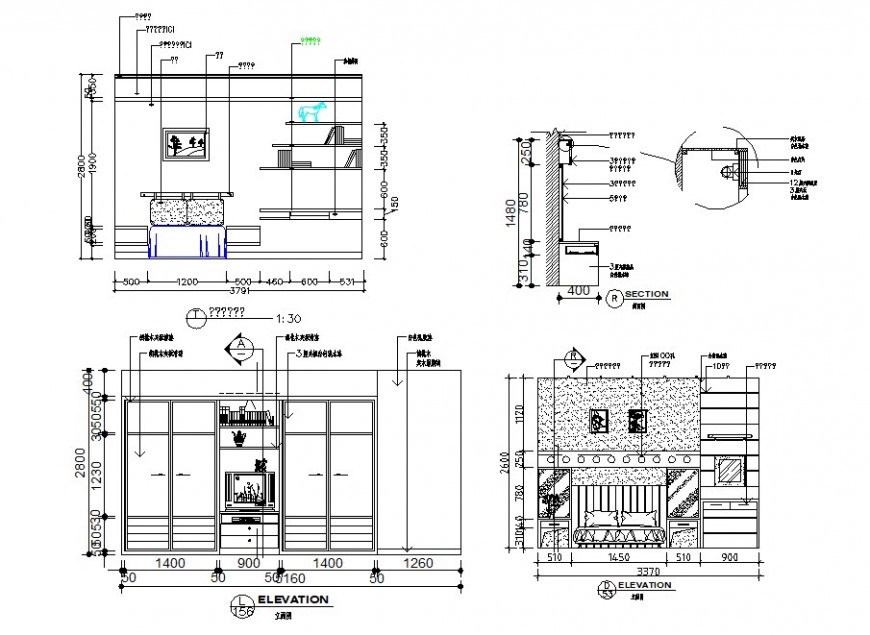 Bedroom all sided section with furniture cad drawing 