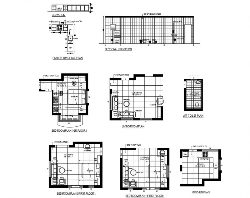 Bedroom elevation sectional elevation plan and furniture 