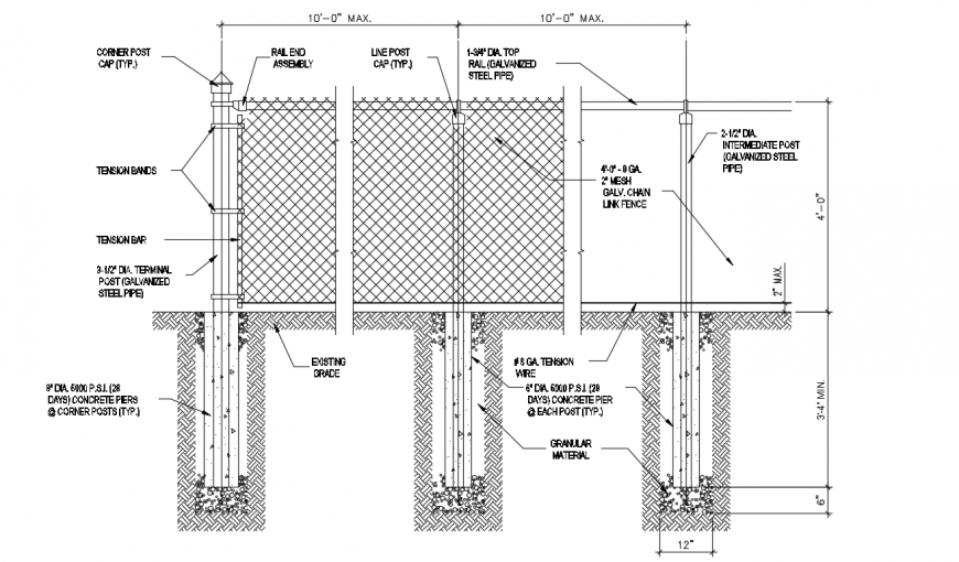 Chain link fence section and installation cad drawing details dwg file
