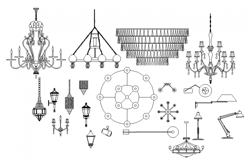 Creative decorative lamps and chandeliers blocks cad drawing details