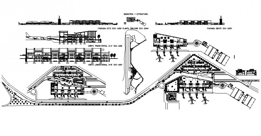 Domestic airport building elevation, section and floor