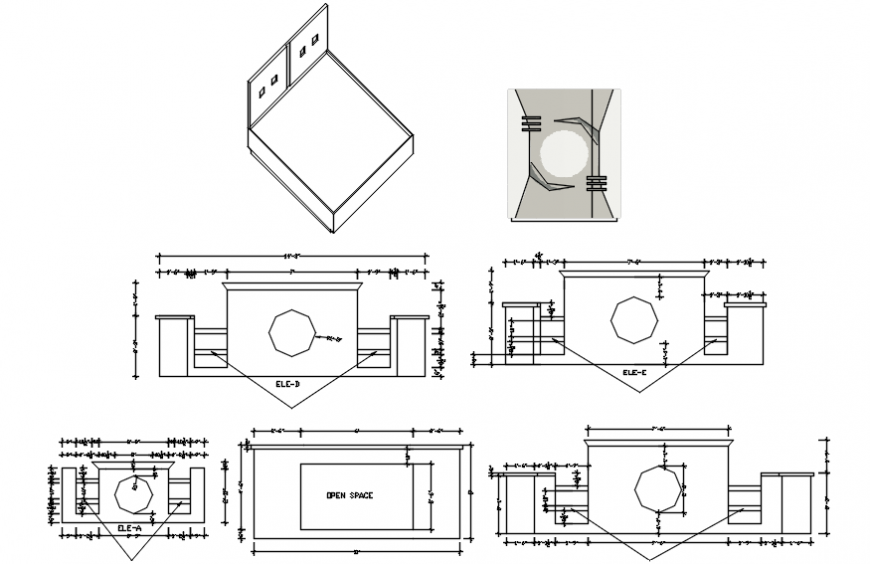 Double Bed Isometric And All Sided Elevation Cad Drawing