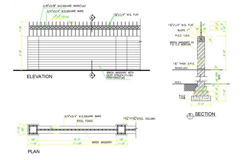 Drawings of compound wall detailing elevation dwg file - Cadbull