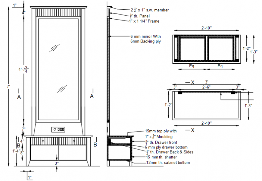 Dressing Table Of Bedroom Elevation, Section And Carpentry Details Dwg File 06062019103149 