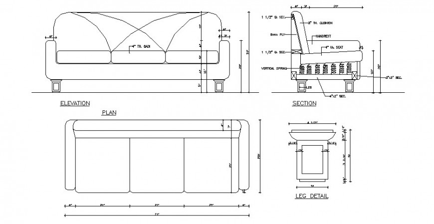 Dynamic sofa  set elevation section plan and leg cad 