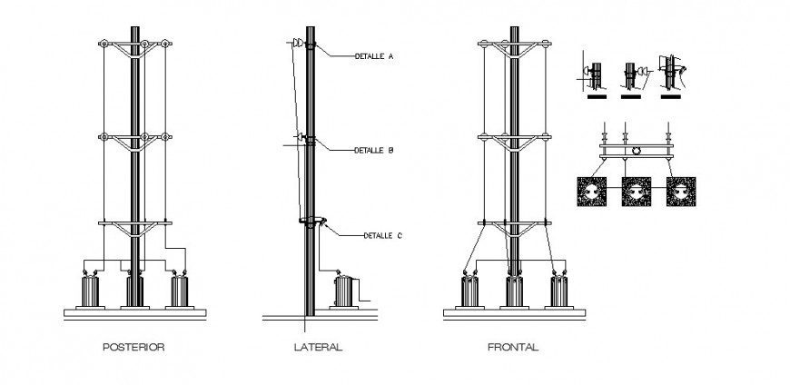 Electrical Pole Elevation Section Plan And Installation Cad Drawing