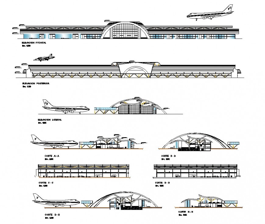 Elevation And Section Detail Of Airport Structure Cad Block Layout Dwg