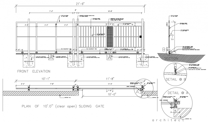 Elevation and sectional of sliding  gate  2d view autocad  