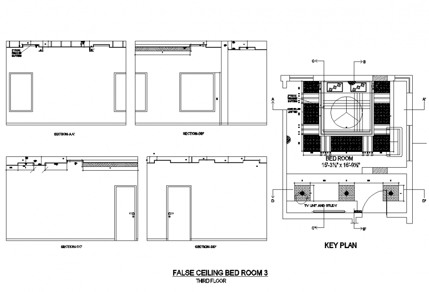 False Ceiling Bed Room Plan And Section Detail Dwg File