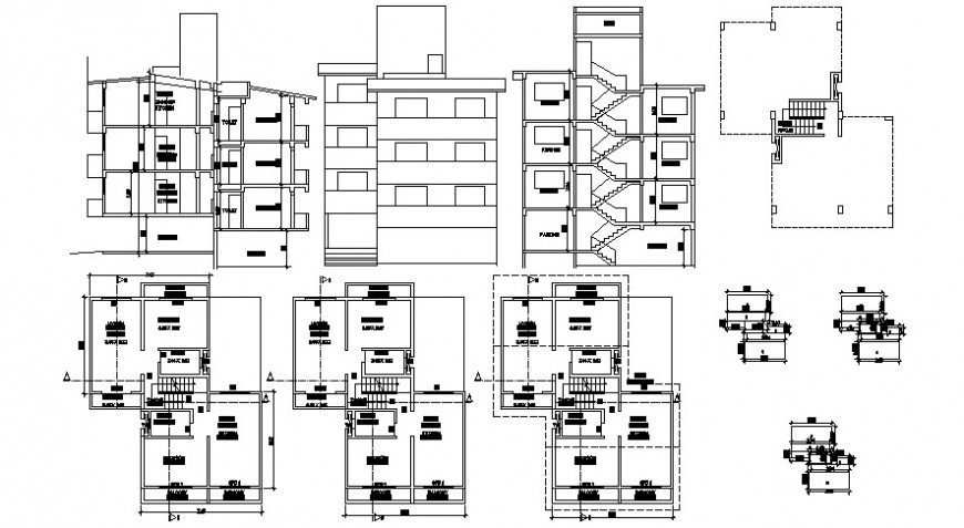 Five story apartment building elevation, section and floor