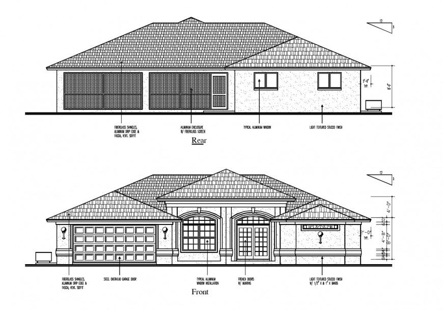 Front and rear side elevation details of one family house
