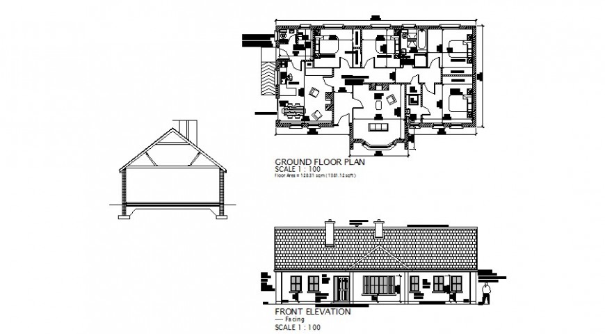 Front elevation, cut section and ground floor layout plan