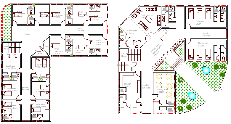 ground and first floor plan of guest house for hospital 