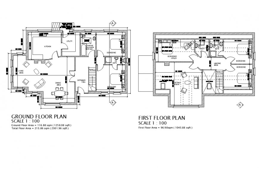Ground and first floor home plan detail dwg file Cadbull
