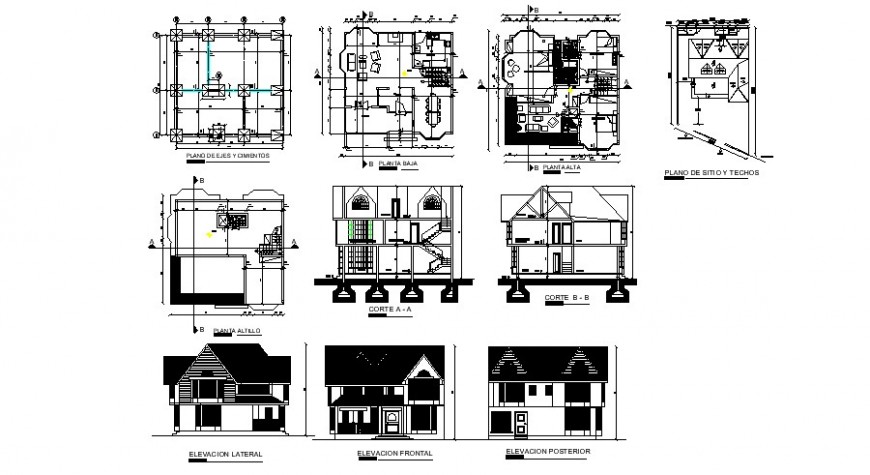  House  two  story  elevation section floor plan  foundation  