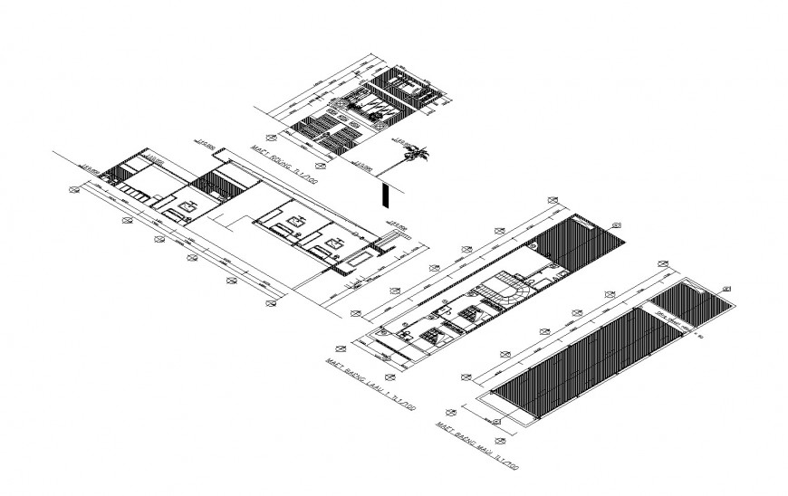 Isometric elevation, section and floor plan of corporate