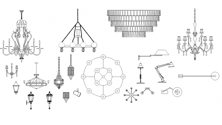 Lamps and chandeliers detail elevation and plan dwg file - Cadbull