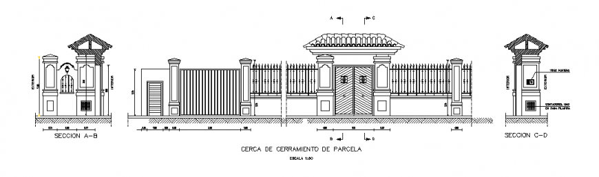 Main Gate Elevation And Section Details With Fence Of Bungalow Dwg File