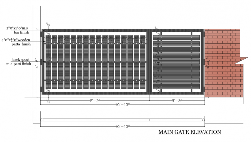 Main gate elevation drawing details with brick wall dwg file - Cadbull