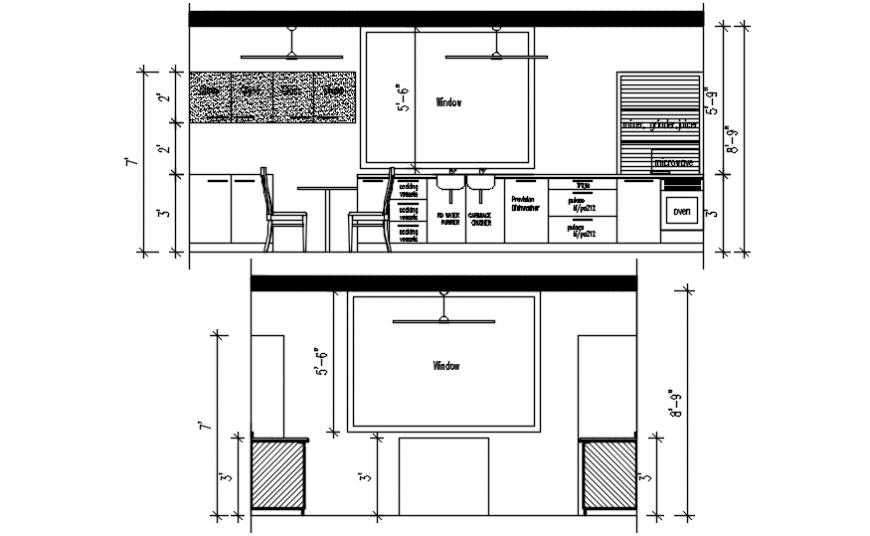 Modern kitchen 2d front elevation block - Cadbull