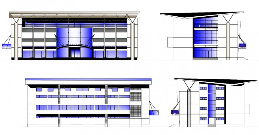 Multi Story Shopping Mall Building All Sided Elevation Drawing