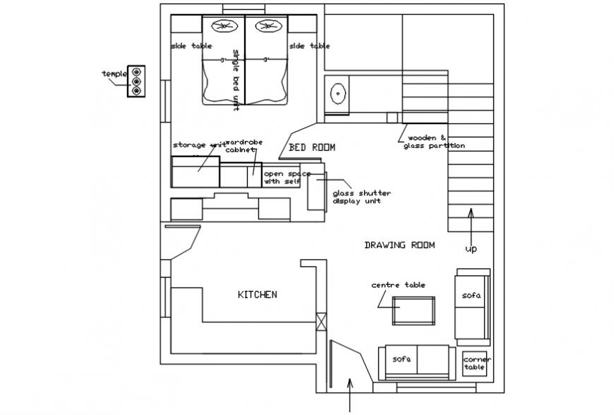 One Bedroom House Layout Plan With Furniture Drawing Details