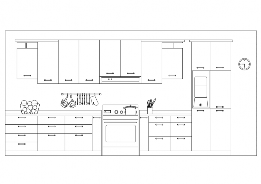 Perspective front view design of kitchen interior with crockery cad