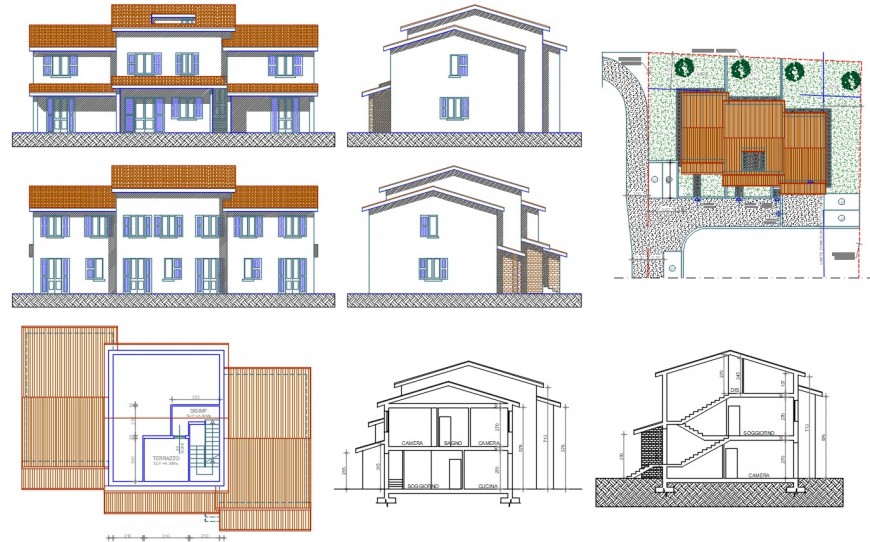Residential house  elevation  section and plan  drawing  