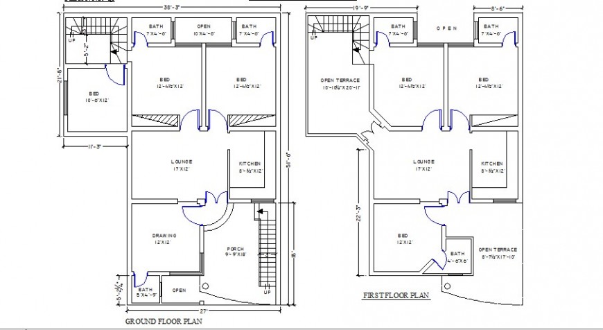 Residential House Ground And First Floor Plan Cad Drawing Details Dwg File Cadbull