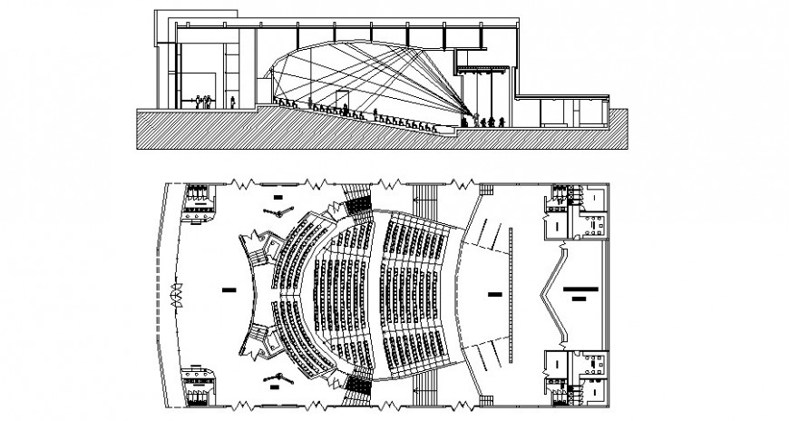 Section and plan of multiplex theater building 2d view autocad file ...